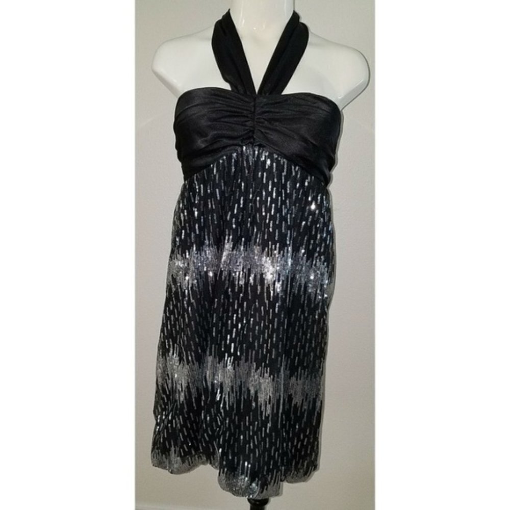 NWT City Studio Short Black Halter Dress Juniors 9 Silver Sequin Prom Formal